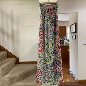 Old Navy Strapless Maxi Tube Dress Pullover Elastic Top Beige Multi Print Small